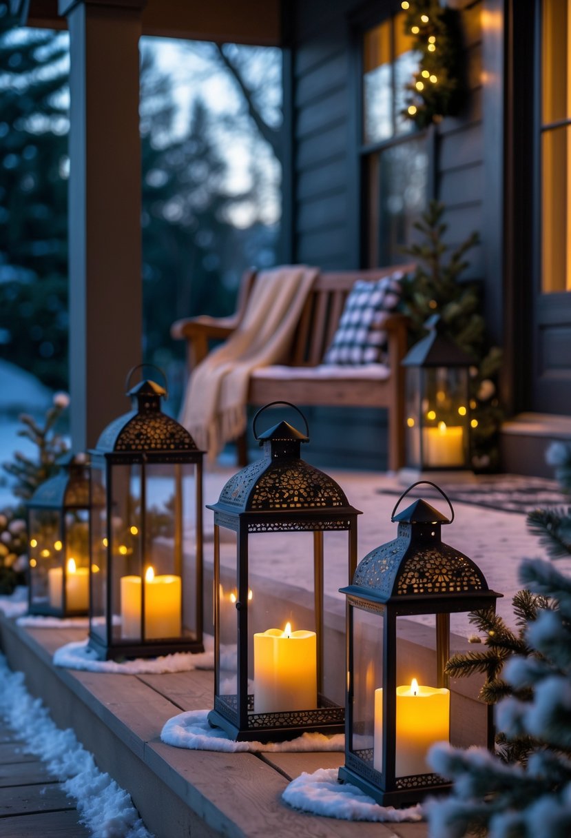 A winter front porch decorated with metal lanterns holding glowing battery-operated candles and winter greenery.